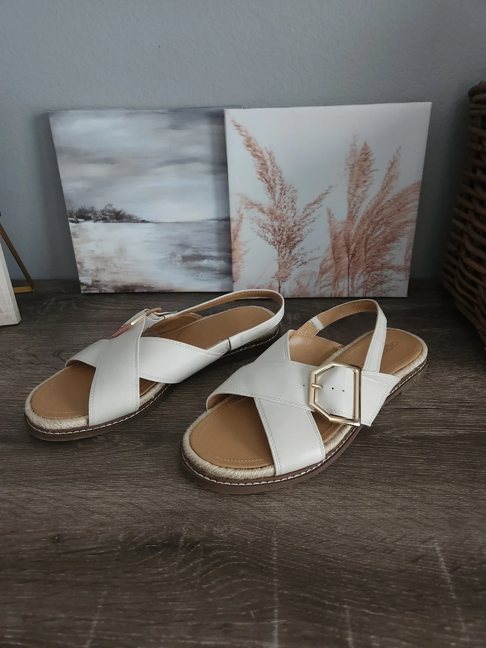 Crown Vintage White Cross-Strap Slingback Sandals with Gold Buckles